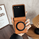 Coque Samsung Z Flip Luxe Cuir PU  – Plastique Dur, Support Magnétique Métal - Brun + support rotatif