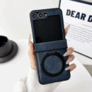 Coque Samsung Z Flip Luxe Cuir PU  – Plastique Dur, Support Magnétique Métal - Bleu + support rotatif