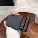 Coque Pixel Arrière Cuir & Fibre de Carbone Mate – Compatible Charge Sans Fil - Gris