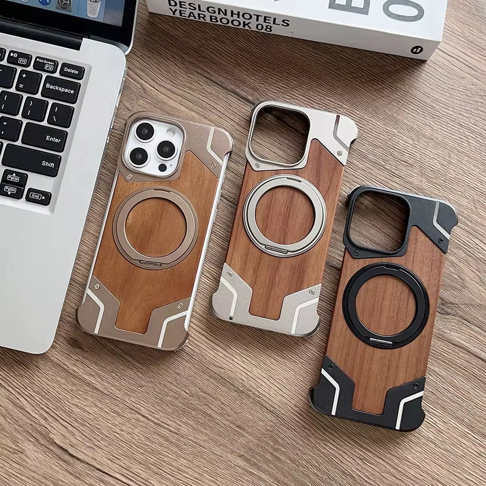 Coque iPhone magnétique sans cadre en alliage d’aluminium et bois de noyer véritable